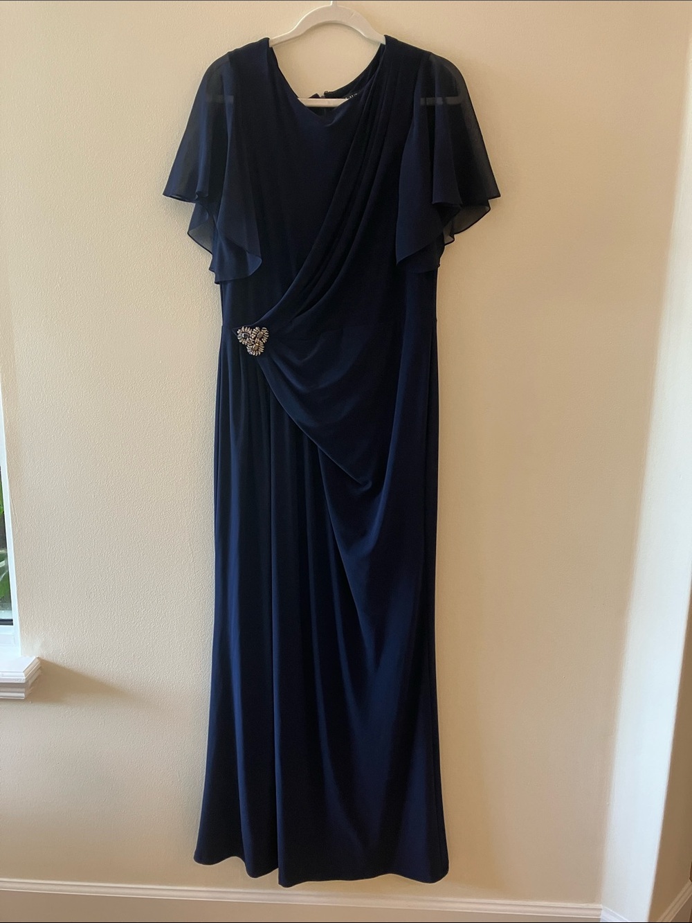 Lauren Ralph Lauren Navy Jersey Knit Evening Gown Flutter Sleeve Sz 14 - EUC